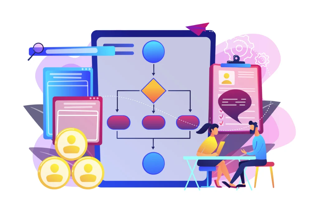 Illustration of executives analyzing Node.js web app development costs, project workflows, and pricing strategies for 2025