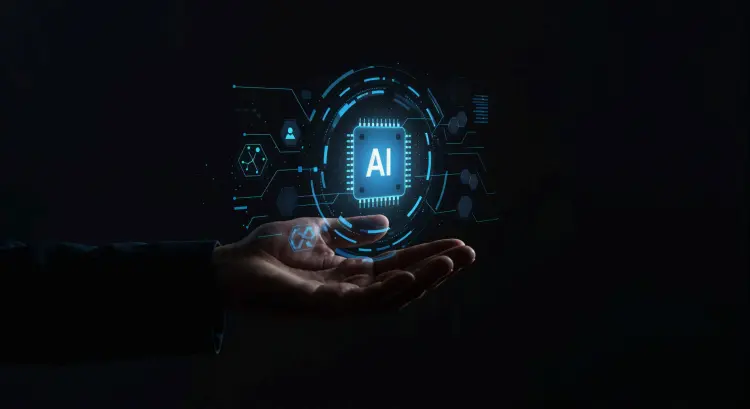 A digital hand holding a glowing AI microchip icon symbolizing advanced artificial intelligence and innovation, representing Top AI App Development Companies driving enterprise growth.