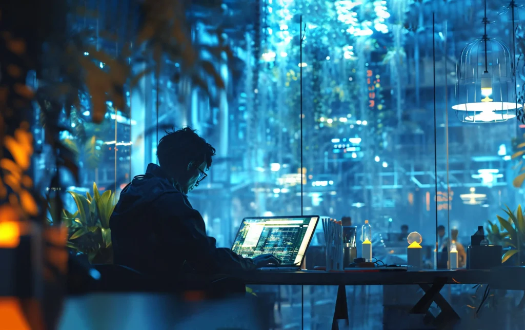 Developer working on AI Code Generation in React.js Projects at a modern tech workspace with blue ambient lighting