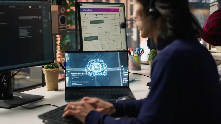 Software engineer working on AI system dashboards, representing Top AI Agent Development Companies enhancing Node.js automation in 2025.