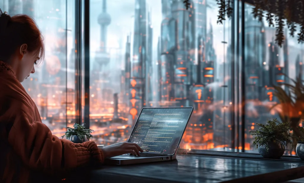 Woman coding on a laptop in a futuristic city setting, representing the impact of AI-Assisted Coding in Node.js Projects for enterprise development.