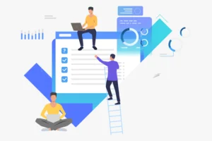 Illustration of team members reviewing a digital checklist, representing Selecting Node.js AI Development Vendors with automation expertise.
