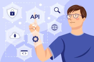 Illustration of a developer interacting with API and security icons, representing Security Compliance in Node.js AI Code Tools.