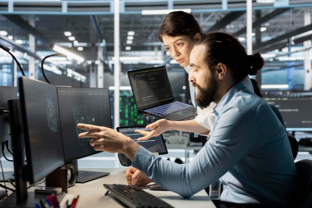 Enterprise DevOps engineers analyzing infrastructure and CI/CD pipelines across multiple monitors, representing Top DevOps Managed Service Providers delivering scalable and secure managed DevOps solutions.