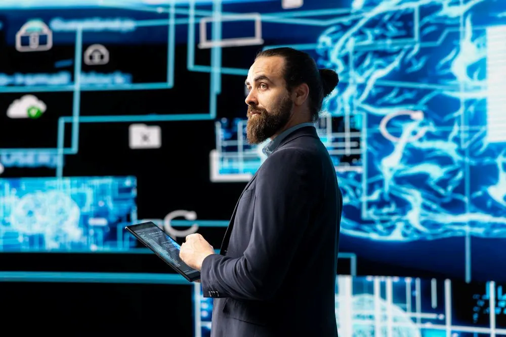 Enterprise DevOps leader analyzing cloud infrastructure and CI/CD workflows on digital dashboards, representing Top DevOps as a Service Providers for scalable business operations.