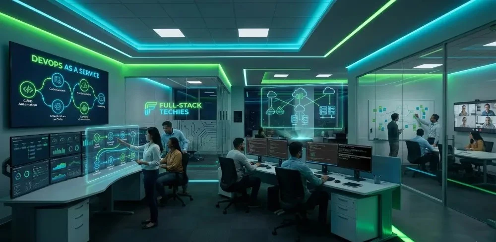 A Modern Tech Office Where Expert Engineers Utilize Devops As A Service To Monitor Real-Time Ci/Cd Automation Pipelines And Cloud-Native Infrastructure On Large Digital Displays Featuring Neon Green And Blue Branding.