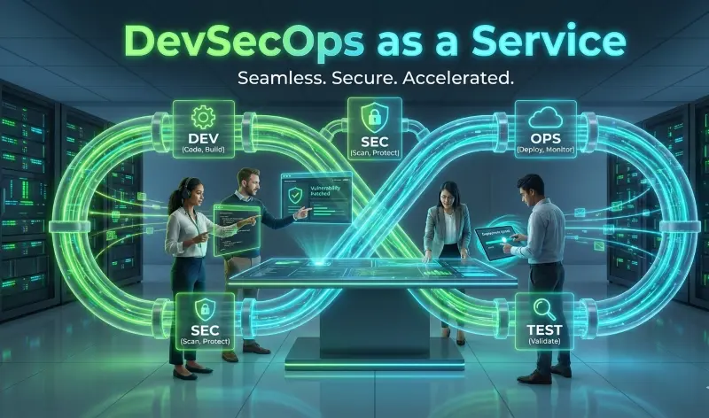 Devsecops As A Service Visual Showing Secure Ci/Cd Pipeline With Integrated Development, Security Scanning, Testing, And Operations Automation