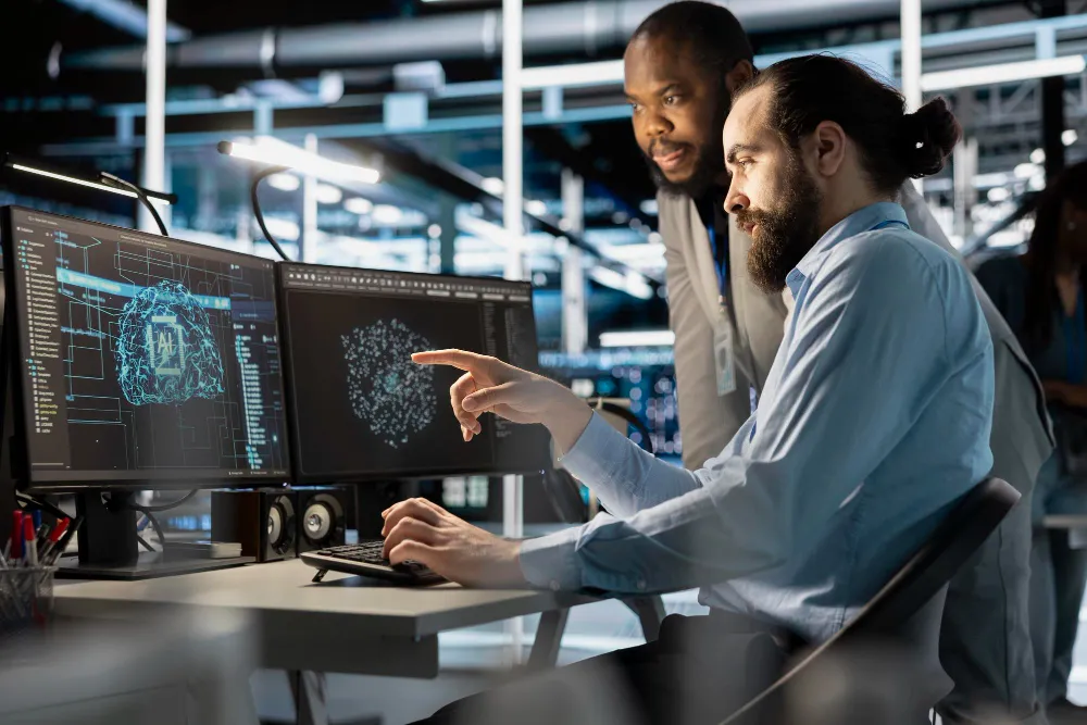 Engineers analyzing MLOps vs DevOps pipelines on multiple screens to optimize machine learning workflows and automation